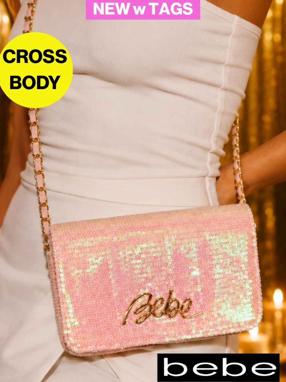 NEW wTAGS 🏷️ BEBE Sparkly Pink Iridescent Sequins Crossbody, Gold Chain - 5 x 7”
